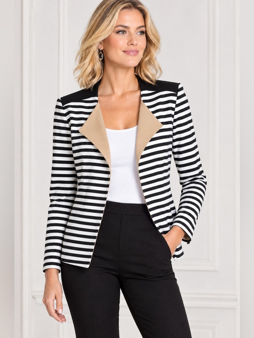 Chico's Black & White Striped Blazer with Tan Notch Lapel Size 4